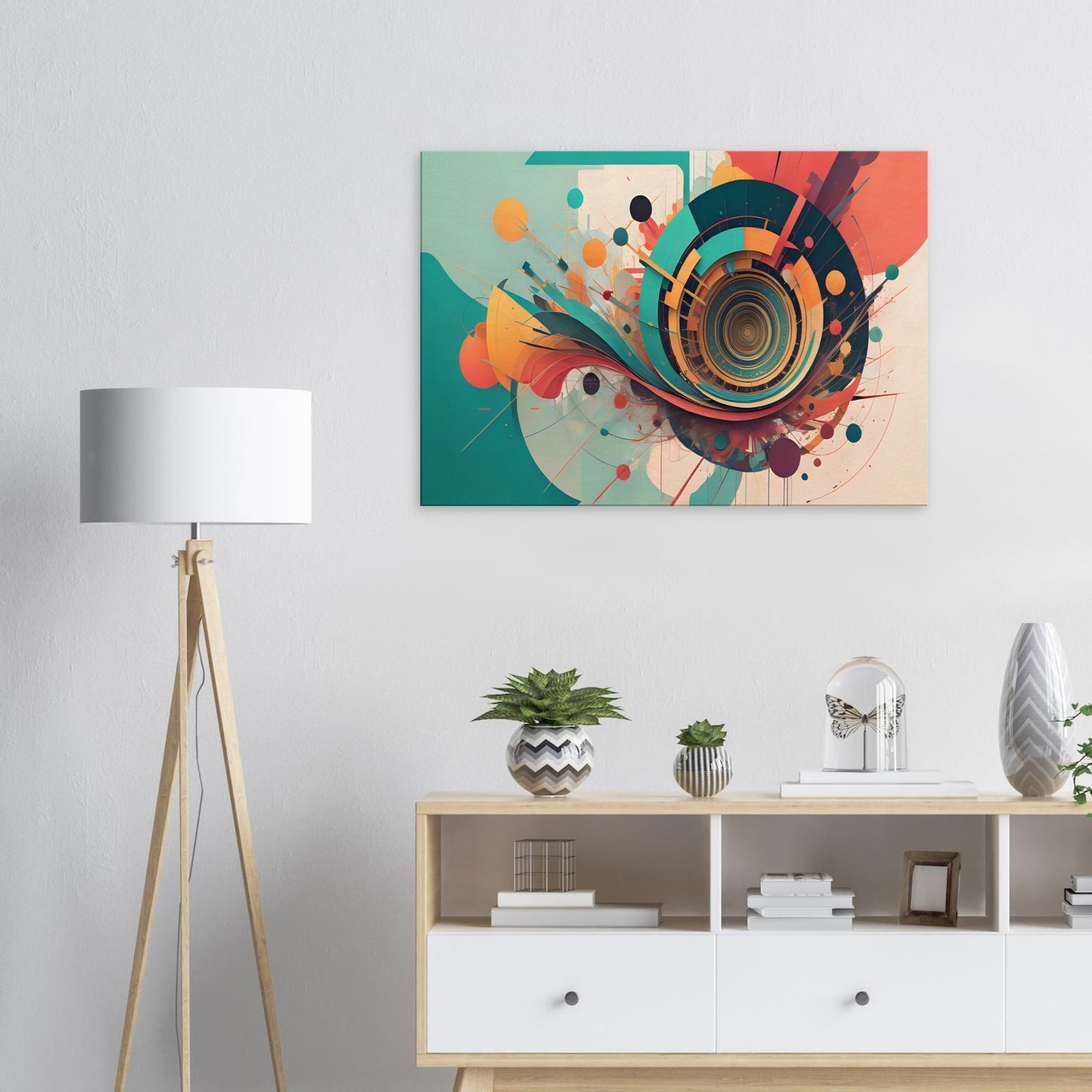 mockup of an abstract digital painting of circles and color explosions in pastel colors