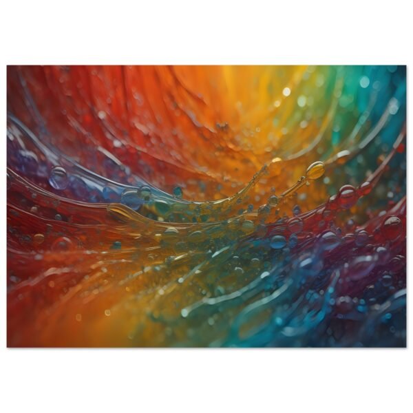Droplets i poster print, Immerse yourself in a kaleidoscope of color with our Rainbow Water Droplet Art Print. Prepare to embark on a visual journey like no other as you witness the mesmerizing beauty of waves formed by rainbow colored water droplets.