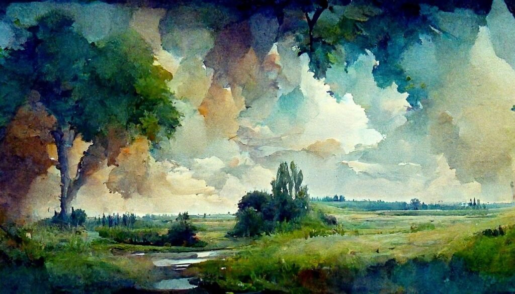 Watercolor painting of field and river 