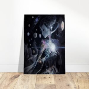 mockup of watercolor Celestial Maiden standing in the cosmos with planets surrounding her