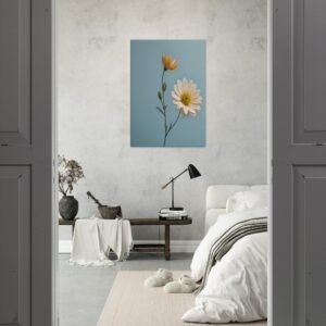 Minimalist daisy wall art print in bedroom