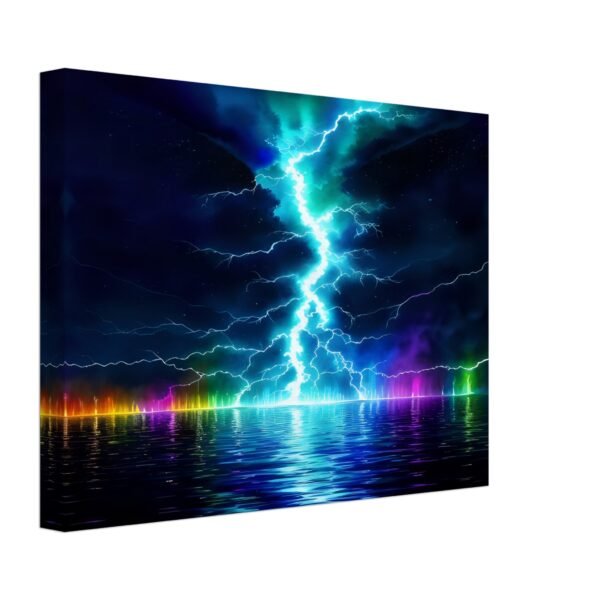 Lightning prism effect canvas art captures an artistic impression of a lightning bolt striking over a body of water