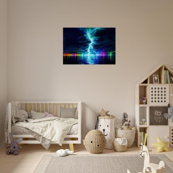 Lightning prism effect canvas art captures an artistic impression of a lightning bolt striking over a body of water