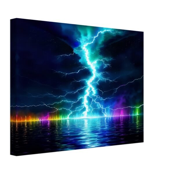 Lightning prism effect canvas art captures an artistic impression of a lightning bolt striking over a body of water