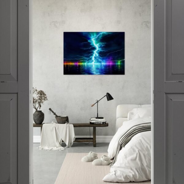 Lightning prism effect canvas art captures an artistic impression of a lightning bolt striking over a body of water