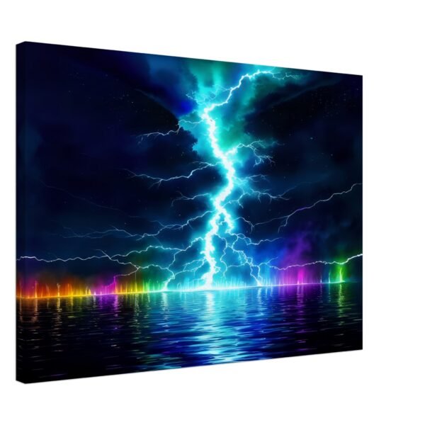 Lightning prism effect canvas art captures an artistic impression of a lightning bolt striking over a body of water