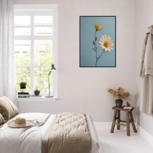 Framed daisy wall art in bedroom
