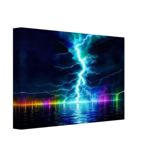 Lightning prism effect canvas art captures an artistic impression of a lightning bolt striking over a body of water