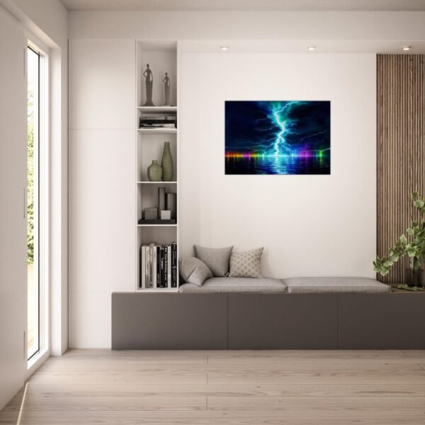 Lightning prism effect canvas art captures an artistic impression of a lightning bolt striking over a body of water