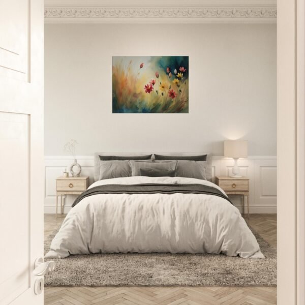 Summer Flowers in Bloom watercolor canvas art print hanging over a bed