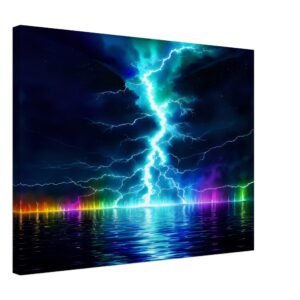 Lightning prism effect canvas art captures an artistic impression of a lightning bolt striking over a body of water