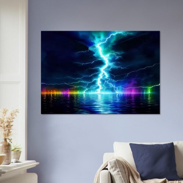 Lightning prism effect canvas art captures an artistic impression of a lightning bolt striking over a body of water