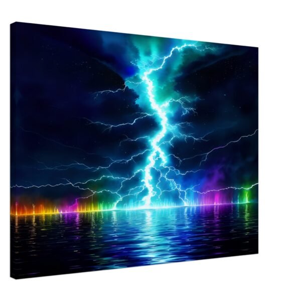 Lightning prism effect canvas art captures an artistic impression of a lightning bolt striking over a body of water