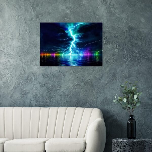 Lightning prism effect canvas art captures an artistic impression of a lightning bolt striking over a body of water