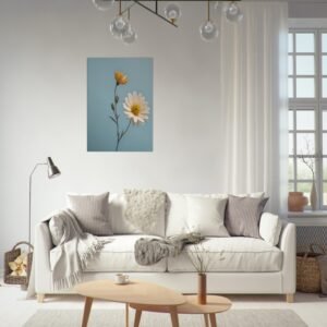 Minimalist daisy art print in lounge hanging above a couch