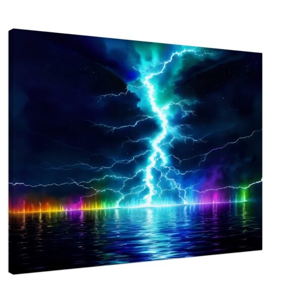 Lightning prism effect canvas art captures an artistic impression of a lightning bolt striking over a body of water