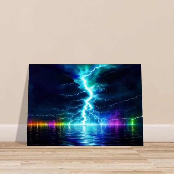 Lightning prism effect canvas art captures an artistic impression of a lightning bolt striking over a body of water