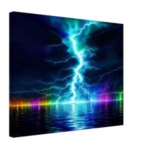 Lightning prism effect canvas art captures an artistic impression of a lightning bolt striking over a body of water