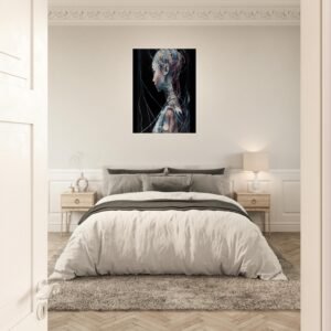 Woman in Rainbow Watercolor Wall Art. This exquisite piece of artwork captures the elegance and vibrancy of a woman in a unique and captivating way. Hanging in a bedroom