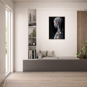 Woman in Rainbow Watercolor Wall Art. This exquisite piece of artwork captures the elegance and vibrancy of a woman. Hanging in a lobby area