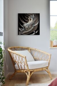 Abstract birds on wall above comfortable chair canvas