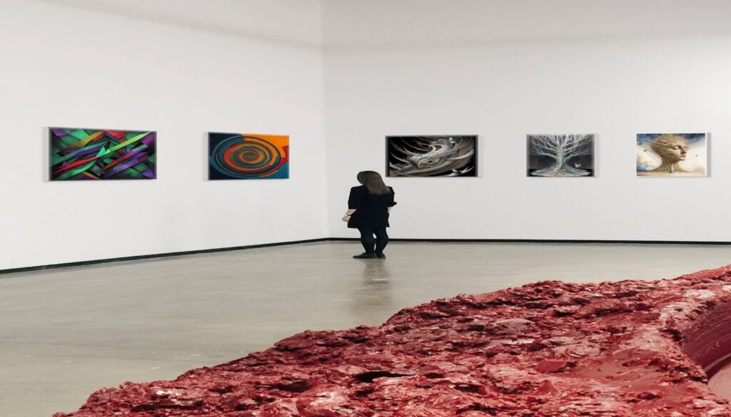 Woman stands in an abstract museum with abstract paintings around her