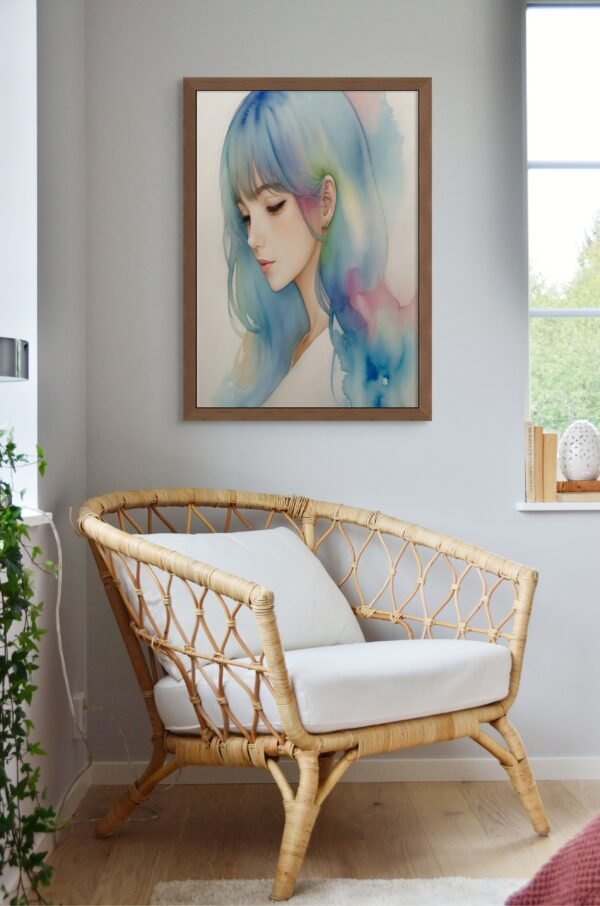 watercolor Maiden above a chair framed in wood