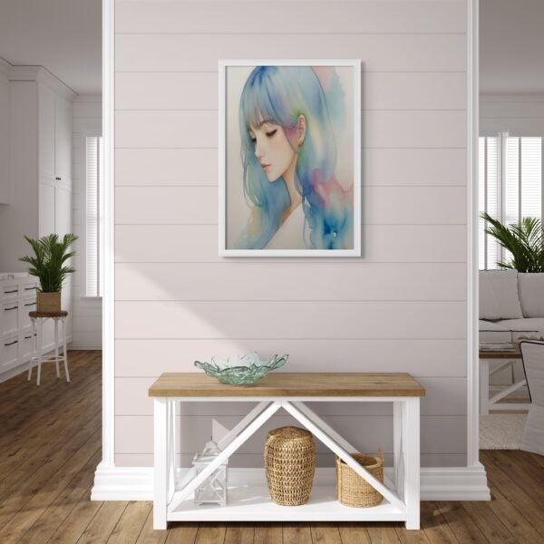 watercolor maiden in entrance hall framed in white wood frame