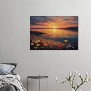 Daisies on a Sunset Lake Shore Canvas Art Print