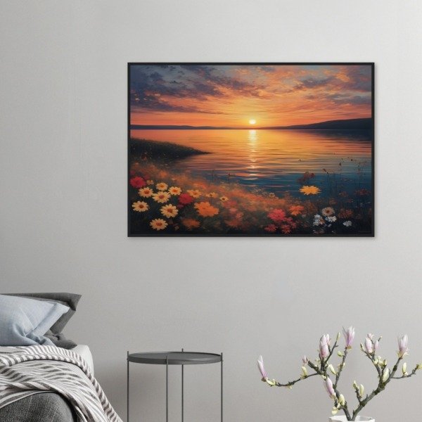 Daisies on a Sunset Lake Shore Canvas Art Print