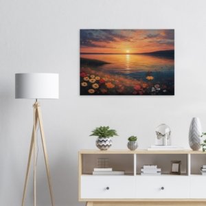 Daisies on a Sunset Lake Shore Canvas Art Print