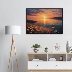 Daisies on a Sunset Lake Shore Canvas Art Print