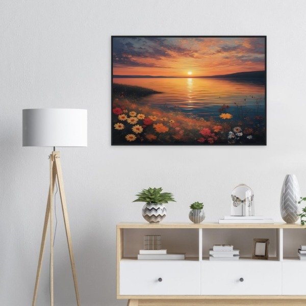 Daisies on a Sunset Lake Shore Canvas Art Print