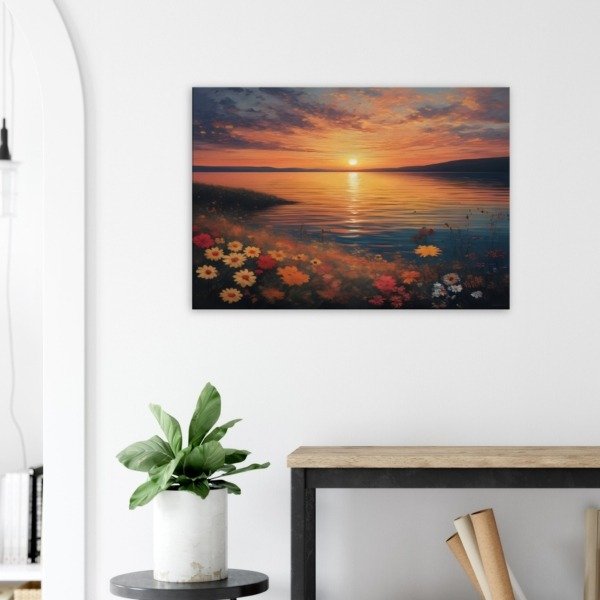 Daisies on a Sunset Lake Shore Canvas Art Print