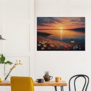 Daisies on a Sunset Lake Shore Canvas Art Print