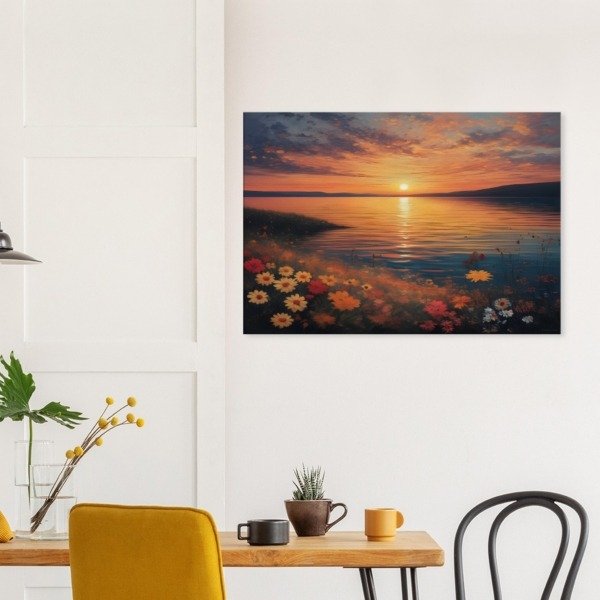 Daisies on a Sunset Lake Shore Canvas Art Print