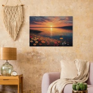 Daisies on a Sunset Lake Shore Canvas Art Print