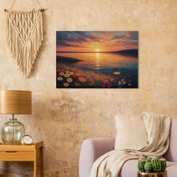 Daisies on a Sunset Lake Shore Canvas Art Print