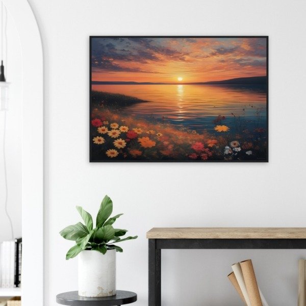 Daisies on a Sunset Lake Shore Canvas Art Print