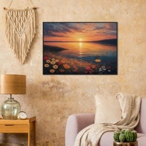 Daisies on a Sunset Lake Shore Canvas Art Print