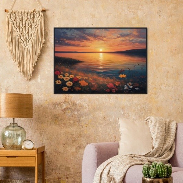 Daisies on a Sunset Lake Shore Canvas Art Print