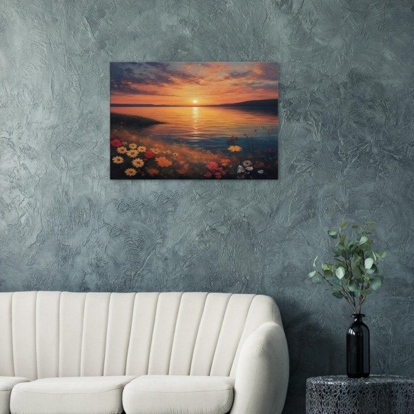 Daisies on a Sunset Lake Shore Canvas Art Print