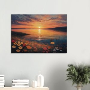 Daisies on a Sunset Lake Shore Canvas Art Print